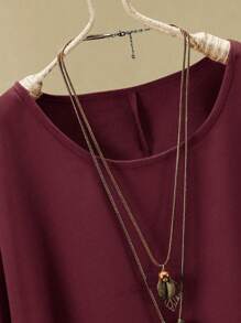 EMERY ROSE Plus Size Casual Solid Color Batwing Sleeve Top And Pants 2pcs Suit - Burgundy - View 3