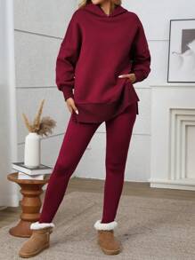 INAWLY Set de 2 piezas de sudadera con capucha y pantalones de unicolor casual para mujer, para otoño