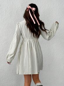 SHEIN EZwear 女士 V 领长袖条纹休闲短裙 - 淺藍色 - 查看 2