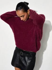 Maija 女士优雅纯色露背圆领保暖毛绒长袖情人节套头衫，早春 - 紅色 - 查看 2