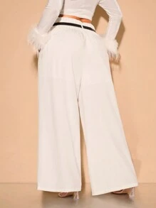 SHEIN BAE Plus Size Pants, Suitable For Valentine's Day, Summer, Birthdays, Valentine's Plus Size, Curve Pants, Formal, Curves, Parties, Bows, Bottoms, Wide Leg Pants, High Waist