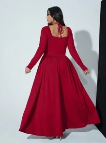 SHEIN Unity 大码女式纯色甜心领长袖褶皱长款优雅连衣裙酒红色女装 - 酒紅色 - 查看 6