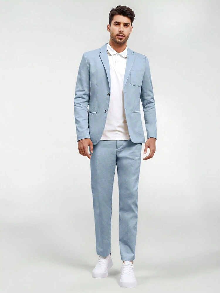 Men Cotton Solid Blazer & Suit Pants Set