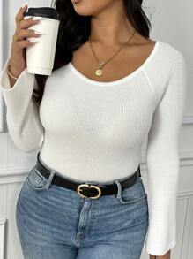 Flirla Plus Size Women Round Neck Long Sleeve Knitted Sweater, Winter Fall - White - View 1