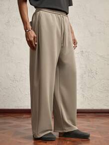 AKNOTIC Business Casual Men's Khaki Knit Loose Straight-Leg Casual Pants, Drawstring Elastic Waist, Suitable For Daily Wear In Autumn/Winter, With Letter Branding & Metal Decor - Khaki - View 1