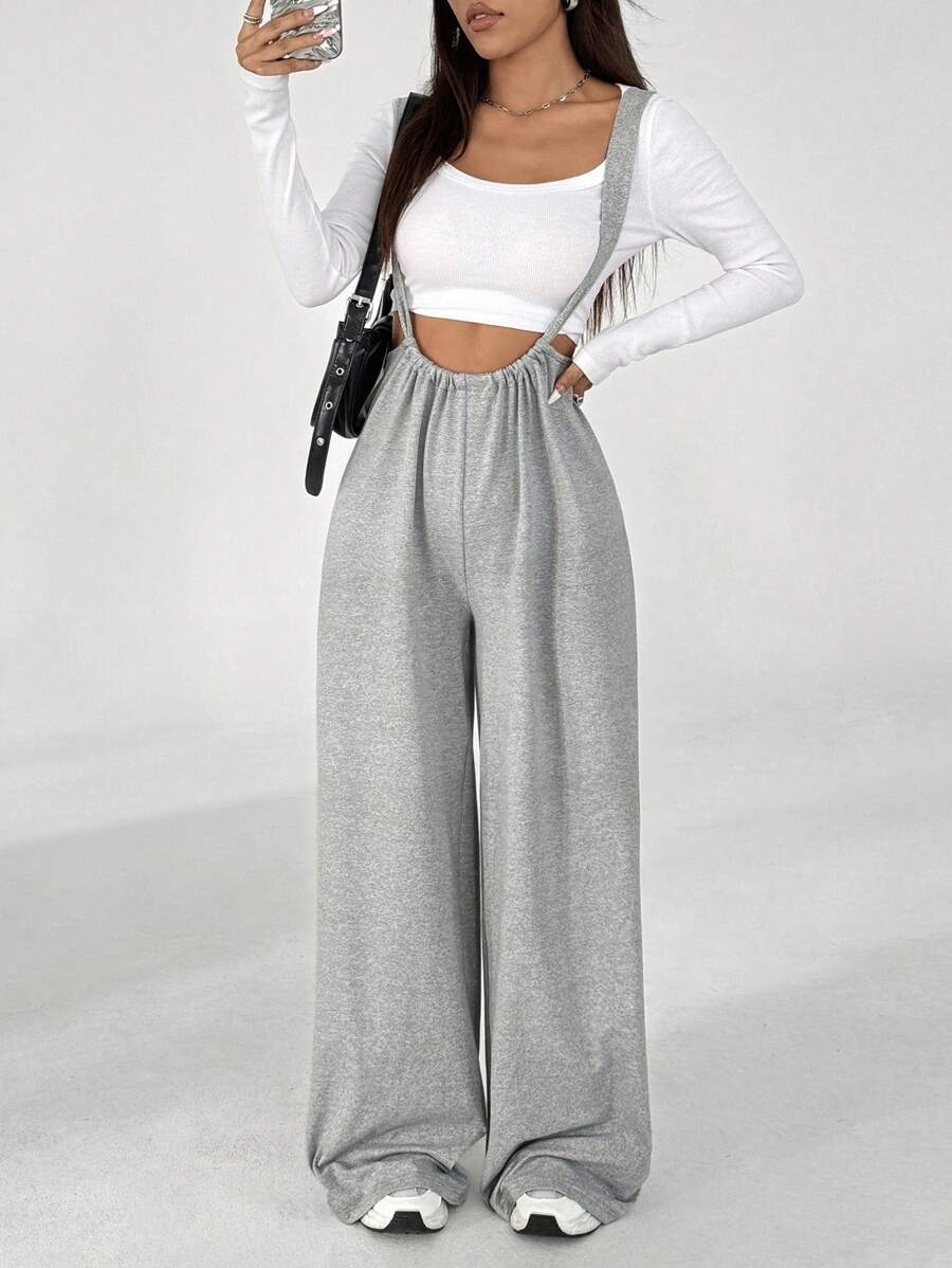 SHEIN Unity Minimalist Casual Solid Color Sleeveless Straight Leg Jumpsuit Pants - Grey - View 1