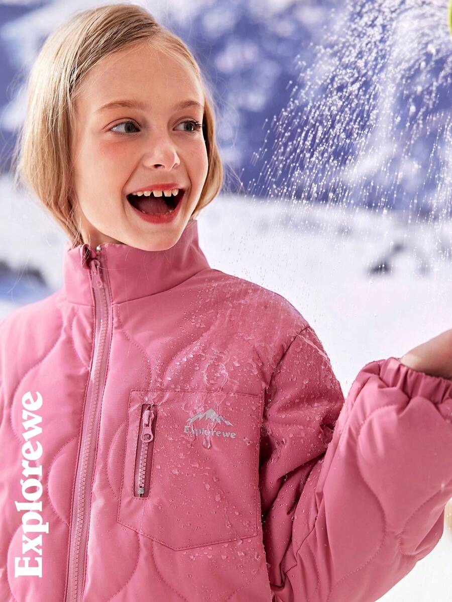 SHEIN Tween Girl Clothes Girls Winter Coat Padded Coat Zip Up Print Cold Weather School Casual Outdoor - Baby Pink - View 1