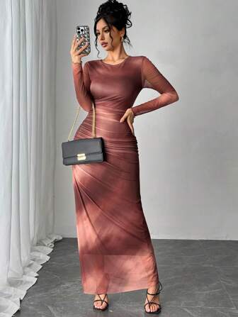 Rafferiza 优雅派对女士圆领扎染褶皱图案连衣裙，百搭四季长款女装