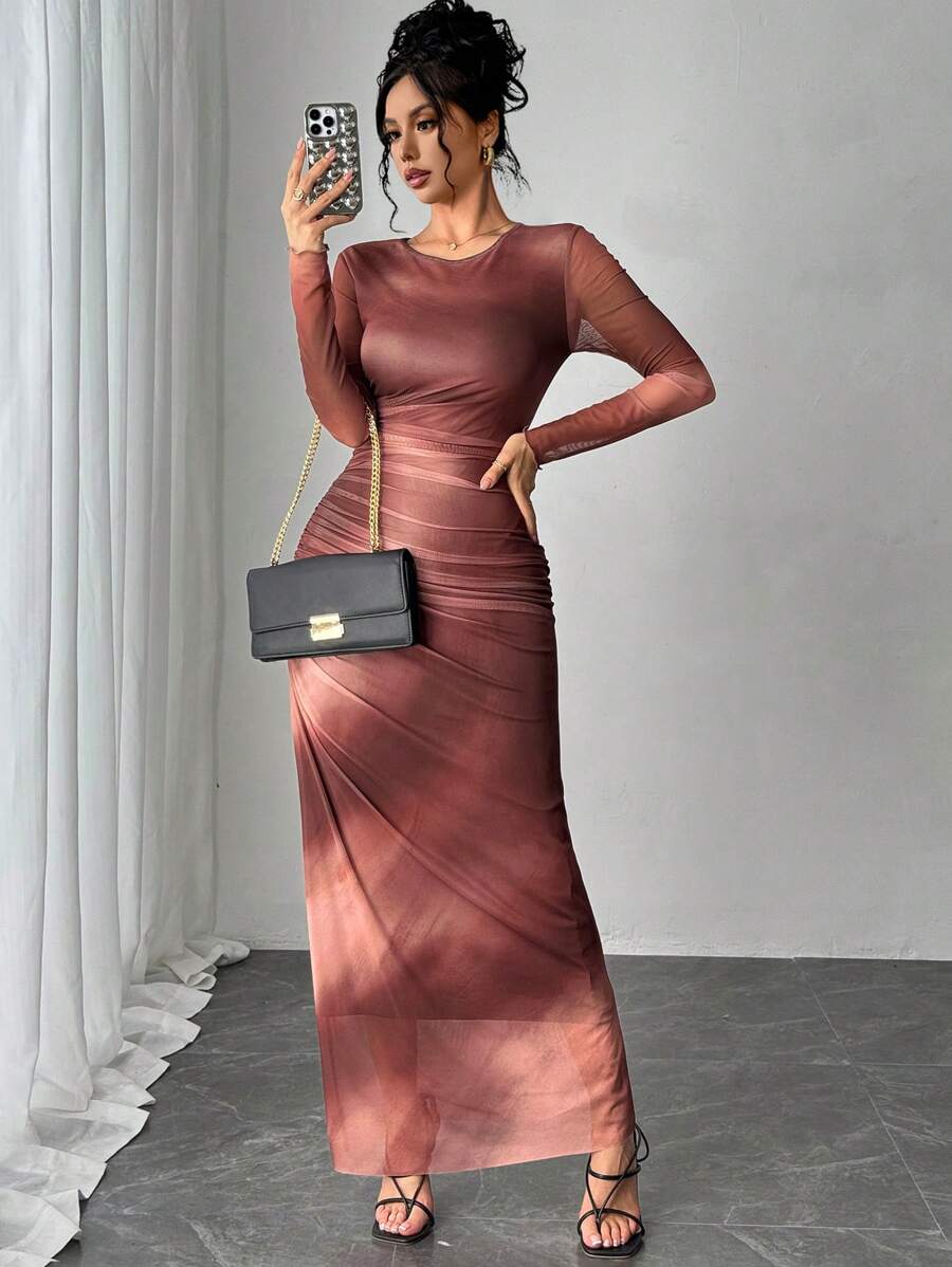 Rafferiza Đầm dự tiệc cổ tròn nhuộm họa tiết nhún bèo thanh lịch cho nữ, trang phục Maxi đa năng cho mọi mùa - màu nâu - Xem 1