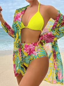 SHEIN Swim Tropical Print Bikini Set For Vacation & Beach Summer