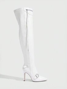 CUCCOO SZL Fashionable Retro White Pointed Toe Stiletto Slip-On Over-The-Knee Boots, Versatile Ladies High Heel Tall Boots For Spring Shoes Spring Break Easter For Christmas Spring Shoes Fall Shoes - White - View 5