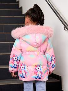 Young Girls' Cute Princess Style Cartoon Princess Print Icy Princess Pink Fluffy Collar Thickened Super Warm Padded Hooded Long Coat, Suitable For Outings And Skiing