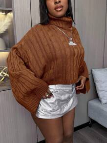 SHEIN Slayr Top de punto de manga larga con cuello de tortuga en unicolor, talla grande, para invierno - Caqui - Ver 5