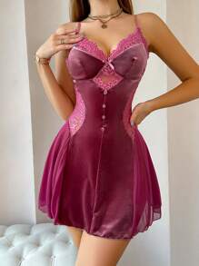 Lace Patchwork Velvet Women's Nightgown Slip Dress - Red Violet - View 3