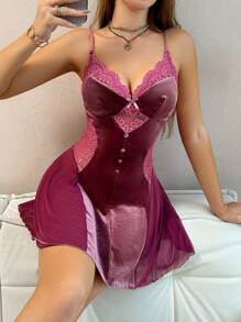 Lace Patchwork Velvet Women's Nightgown Slip Dress - Red Violet - View 4