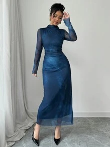 Selianne Đầm Maxi Thiết Kế Mới Thu/Đông Cho Nữ Cổ Đứng Tay Dài Xếp Ly Eo Thon Gọn Vải Lưới Nhuộm Màu Vẽ Tranh In Hình - Màu xanh lam - Xem 4