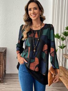 EMERY ROSE 女士几何图案印花拼布长袖衬衫 - 彩色 - 查看 6