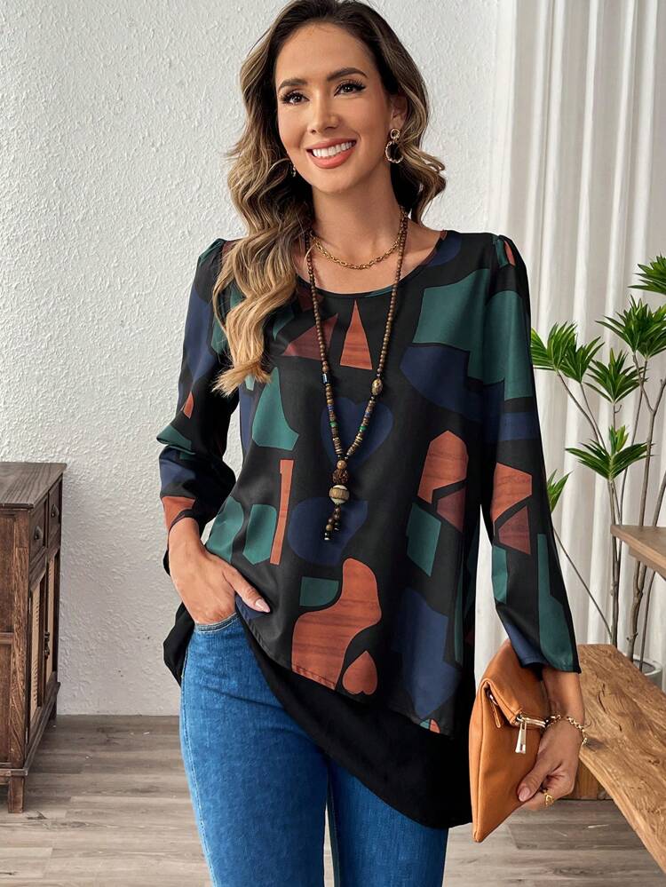 Women's Geometric Pattern Printed Patchwork Long Sleeve Shirt