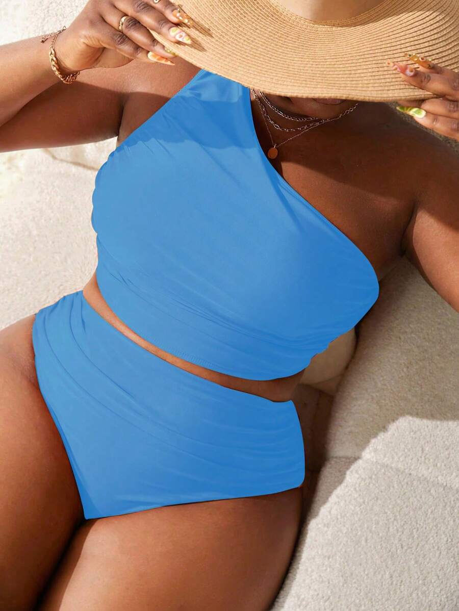 SHEIN Swim Curve Đồ bơi Tankini màu trơn cỡ lớn mùa hè - Màu xanh ngọc - Xem 1