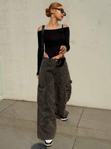 DAZY 女式豹纹大口袋工装牛仔裤，宽松牛仔裤 - 棕色 - 查看 7