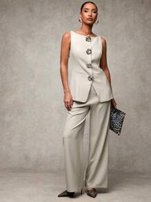 SHEIN BAE 秋冬时尚通勤背心配3D花卉装饰和裤子套装 - 杏色 - 查看 3