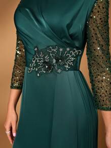 Serin Elegant & Luxurious Women's A-Line Lace Mesh Embroidered Pearl & Sequin Splice V-Neck Asymmetrical Ruched Sheer Long Sleeve Fishtail Waist Beaded Decoration Dress Suitable For Formal Wedding, Mother's Day Events, Bride Mother Dress Mother's Evening Dress, For Valentine's Day - Dark Green - View 5