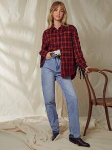 WESTFADE Western Plaid Fringe Long Sleeve Collared Boyfriend Button Up Shirt