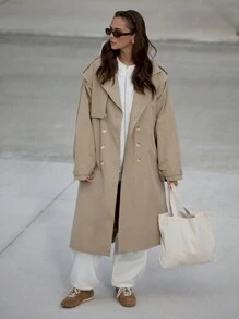 MISSGUIDED Double Breasted Long Line Trench Coat With Belt Winter Wear - Khaki - View 1