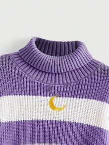 ROMWE Kawaii Women High Neck Drop Shoulder Long Sleeve Moon Embroidery Colorblock Cropped Knitted Sweater, Autumn/Winter - Purple - View 3