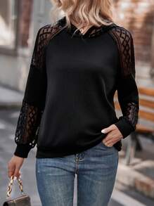 SHEIN LUNE Contrast Lace Raglan Sleeve Hoodie,Long Sleeve Tops Graduation,Back To School Outfits,Graduation,Teacher Outfits For Women,Back To School Pullover Fall Outfit - Black - View 5