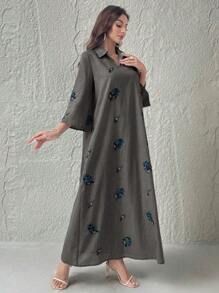 Al Najma Vestido casual con cuello bordado - Gris - Ver 6