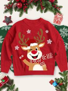 SHEIN EZwear Christmas Snowflake & Deer Pattern Loose Fit Crew Neck Knit Pullover Sweater, Suitable For Autumn/Winter - Red - View 6