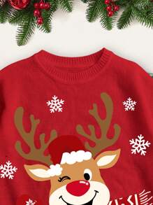 SHEIN EZwear Christmas Snowflake & Deer Pattern Loose Fit Crew Neck Knit Pullover Sweater, Suitable For Autumn/Winter - Red - View 7