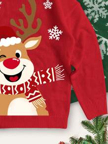 SHEIN EZwear Christmas Snowflake & Deer Pattern Loose Fit Crew Neck Knit Pullover Sweater, Suitable For Autumn/Winter - Red - View 8