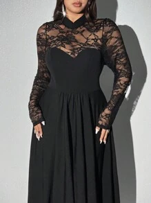 Viva Relle Plus Size Elegant Lace Stand Collar A-Line Long Sleeve Dress Maxi Women Outfit