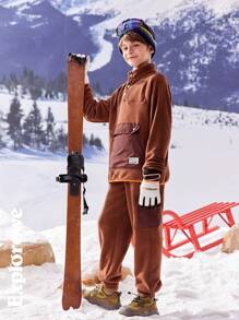 SHEIN 2pcs Tween Boy Winter Casual Outdoor Hoodie And Sweatpants Set - Coffee Brown - View 4