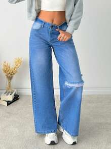 EURMUSE LOW WAIST WIDE LEG BAGGY JEAN SIMPLE FASHIONABLE DAILY CASUAL - Light Wash - View 3