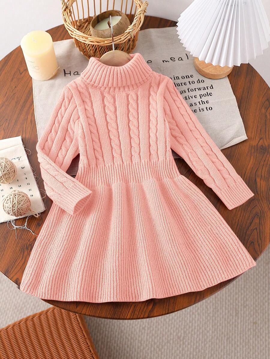 年轻女孩 A 字形高领针织毛衣连衣裙 - 粉色 - 查看 1