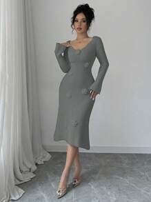 Calvaya Vestido suéter de manga larga con escote en V de unicolor, ajustado, hecho a mano a crochet