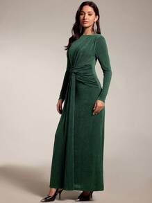 Modelyn Women Solid Color Long Sleeve Simple Casual Dress With Sash Long Evening Dresses - Green - View 3