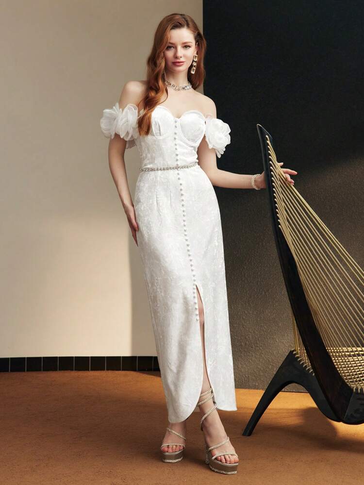 OFF SHOULDER STEREO FLORAL COCKTAIL DRESS