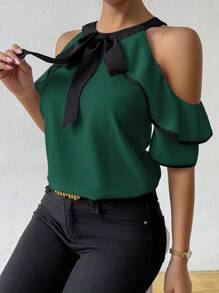 EMERY ROSE Blusa casual de hombros abiertos con lazo, unicolor, uso diario de moda - Verde Oscuro - Ver 4