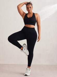 SHEIN Sport Studio Plus Solid Tummy Control Sports Leggings