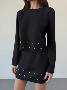 Aloruh 2 Stücke Damen elegantes Set: Rundhalsoberteile mit Strass-Verzierung und Minirock, Herbst