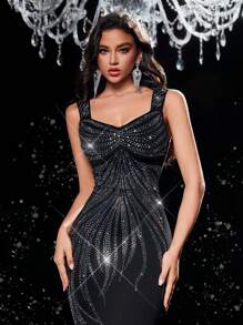 Glamrae Váy đuôi cá dài cổ chữ V đính đá Rhinestone sang trọng và lộng lẫy màu đen thanh lịch dành cho nữ, váy dự tiệc trang trọng dài - màu đen - Xem 3