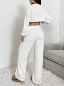 SHEIN EZwear 2pcs/Set Women Solid White Oversized Drop Shoulder Cropped Sweatshirt And Drawstring Waist Wide Leg Pants, Autumn/Winter