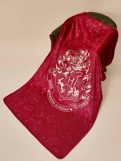 HARRY POTTER X SHEIN Red Animal Emblem & Letter Print Sofa Throw Blanket, For Napping,Spring / Winter, Back To School