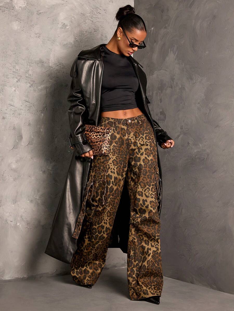 SHEIN BAE 女士宽松工装裤豹纹纯棉