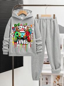 Bộ áo hoodie chui đầu họa tiết Giáng sinh cho bé trai tuổi teen, phù hợp cho mùa thu/đông - Xám - Xem 1