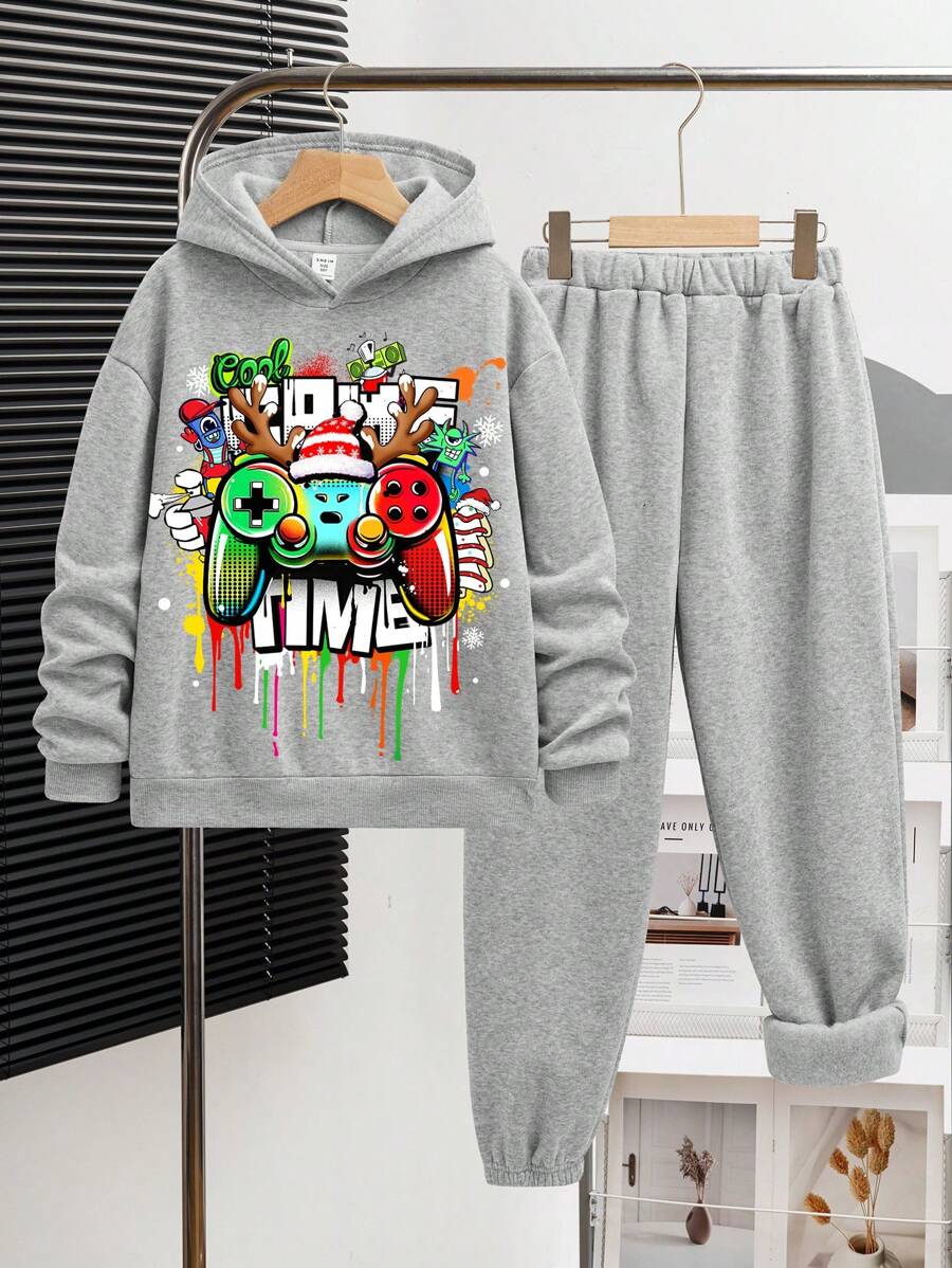 Bộ áo hoodie chui đầu họa tiết Giáng sinh cho bé trai tuổi teen, phù hợp cho mùa thu/đông - Xám - Xem 1